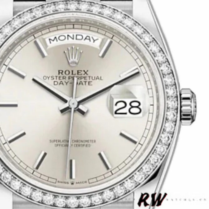 Replica Rolex Day-Date 128349RBR White Roman Dial Diamond Bezel 36MM Unisex Watch