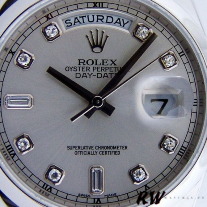 Replica Rolex Day-Date 118206 Silver Diamond Dial Platinum 36mm Unisex Watch