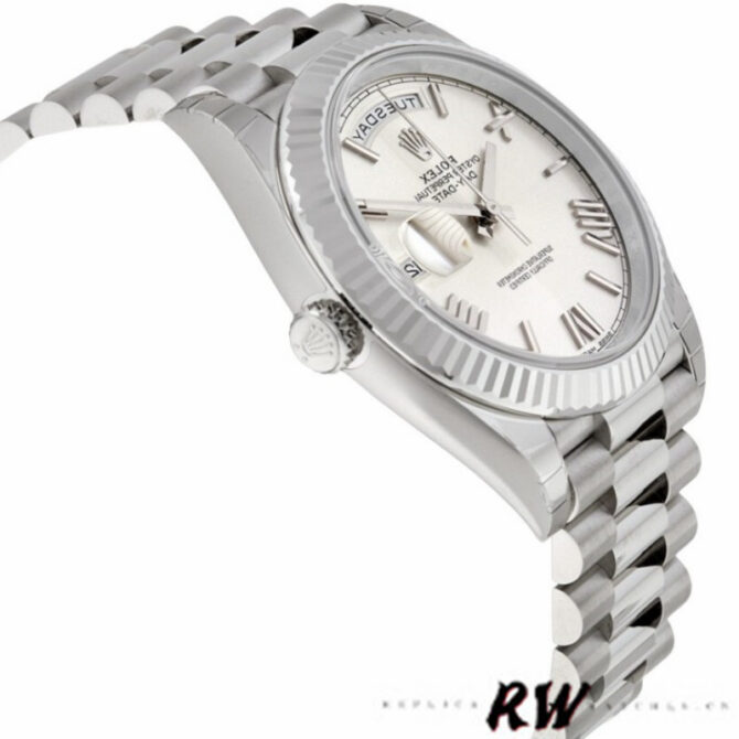 Replica Rolex Day-Date 228239 Silver Quadrant Motif Roman Dial Fluted Bezel 40mm Mens Watch