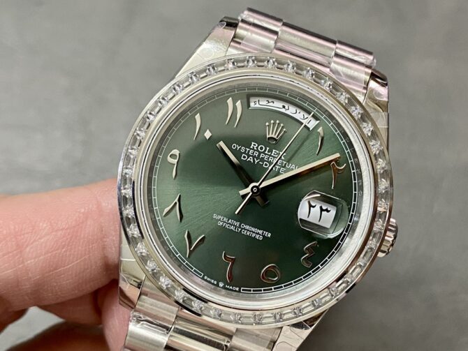 Replica Rolex Day-Date 40 Platinum Arabic Numerals Green with Diamonds 228396tbr