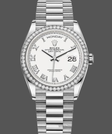 Replica Rolex Day-Date 128349RBR White Roman Dial Diamond Bezel 36MM Unisex Watch