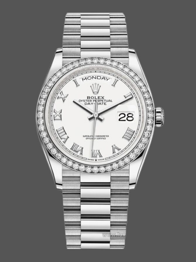 Replica Rolex Day-Date 128349RBR White Roman Dial Diamond Bezel 36MM Unisex Watch