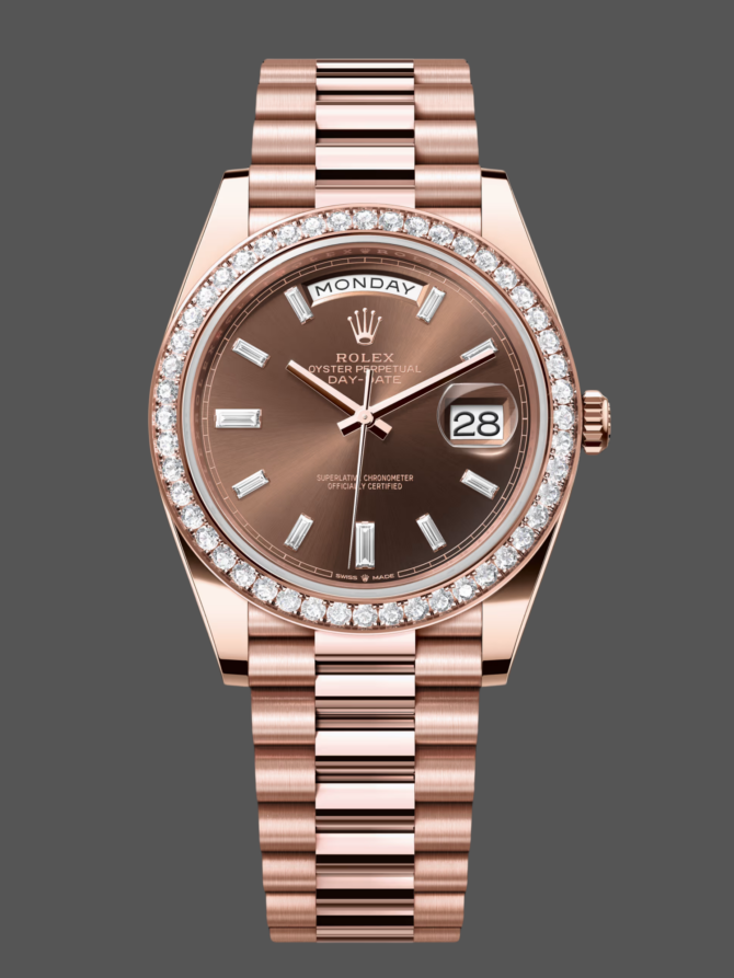 Replica Rolex Day-Date 228345RBR Chocolate Brown Diamond Dial Diamond Bezel 40mm Mens Watch