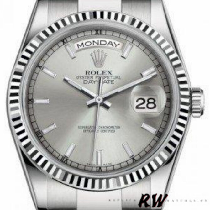 Replica Rolex Day-Date 118239 White Gold Silver dial 36mm Unisex Watch
