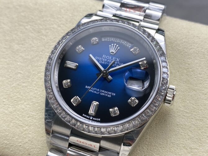 Replica Rolex Day-Date 128349RBR 0010 Blue Ombre Dial Diamond Bezel 36MM Unisex Watch