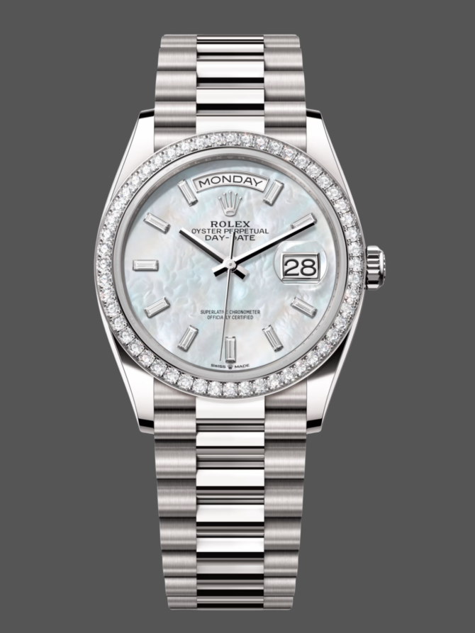 Replica Rolex Day-Date 128349RBR White Mother of Pearl Dial Diamond Bezel 36MM Lady Watch