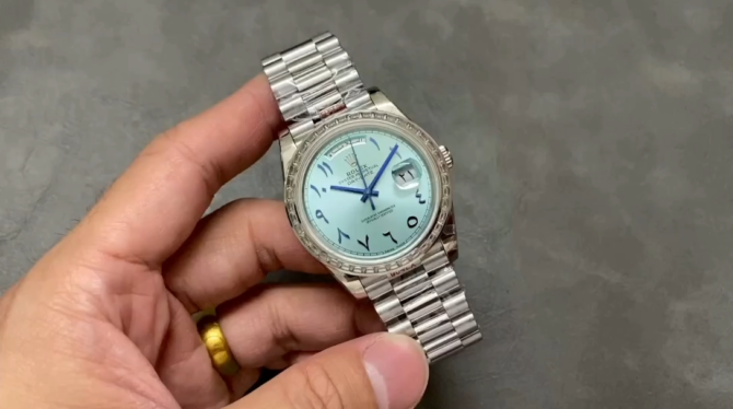Replica Rolex Day-Date 40mm Platinum Ice Blue Arabic Dial Diamond Bezel 228396TBR Men's Watch