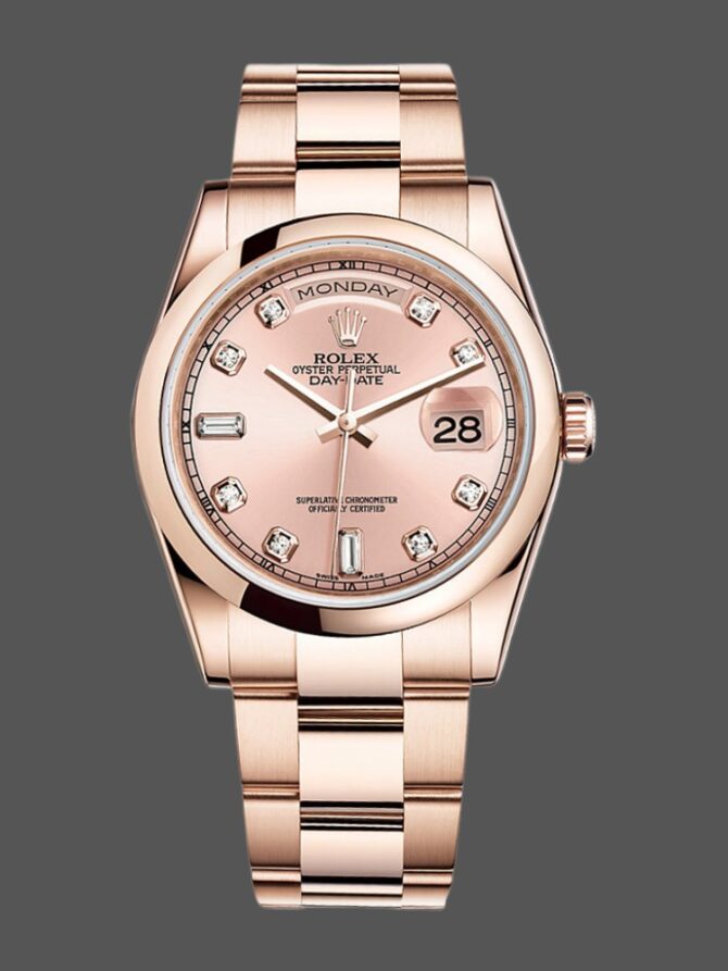 Replica Rolex Day-Date 118205 Rose Gold Pink Diamond Dial 36mm Unisex Watch