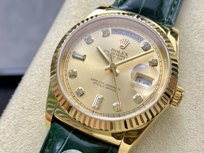 Replica Rolex Day Date 36 Yellow Gold Champagne Dial 118138 0148 Green Leather Strap