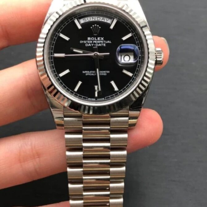 Replica Rolex Day-Date 228239 Black Index Dial Fluted Bezel 40mm Mens Watch