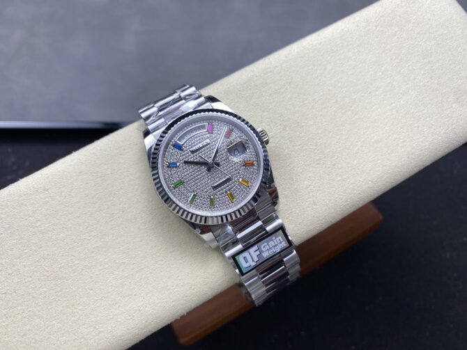 Replica Rolex Day Date 36mm White Gold 128239 0016 Pave Rainbow Diamond Dial