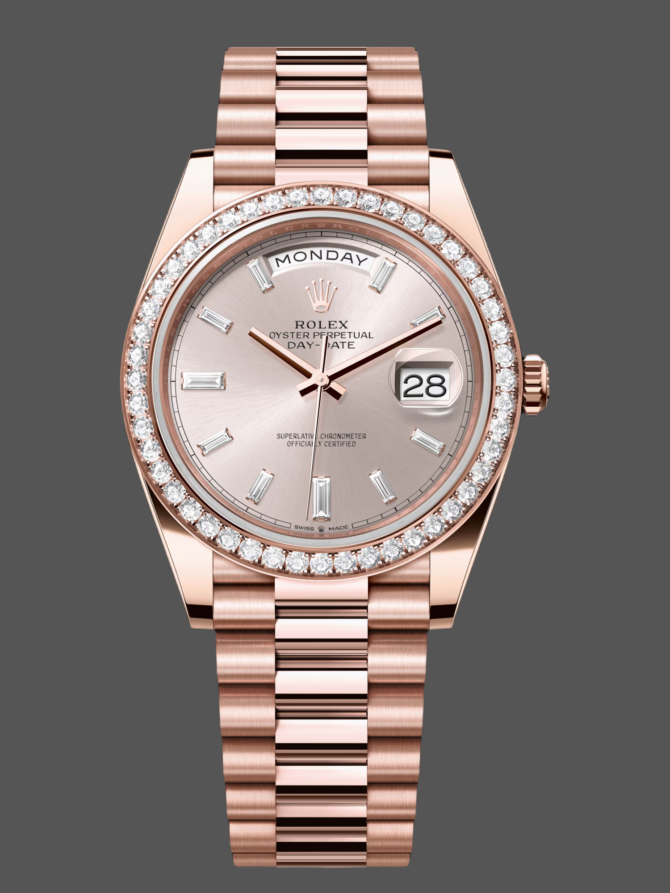 Replica Rolex Day-Date 228345RBR 0007 Sundust Diamond Dial Diamond Bezel 40mm Mens Watch
