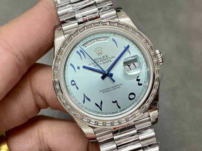 Replica Rolex Day-Date 40mm Platinum Ice Blue Arabic Dial Diamond Bezel 228396TBR Men's Watch