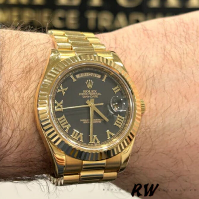 Replica Rolex Day-Date 218238 Black Roman Numeral Dial Yellow Gold 41MM Mens Watch