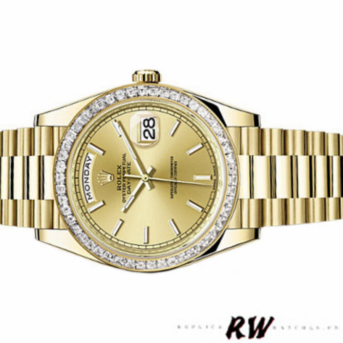 Replica Rolex Day-Date 228348RBR Champagne Roman Dial Diamond Bezel 40mm Mens Watch