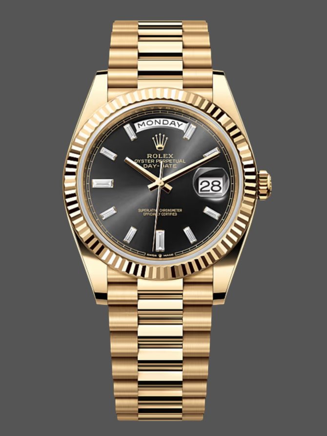 Replica Rolex Day-Date 228238 Black Diamond Dial Fluted Bezel 40mm Mens Watch