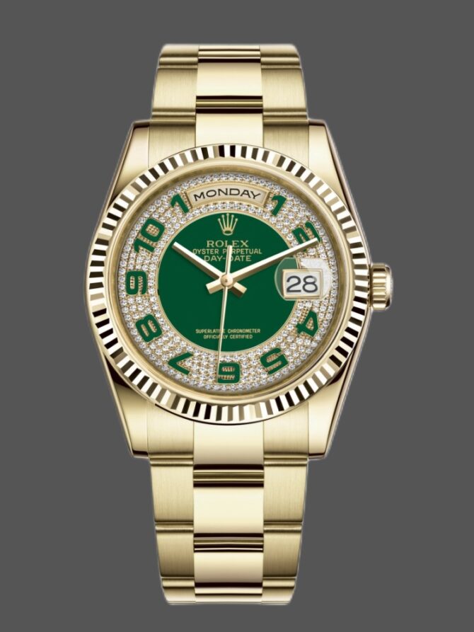 Replica Rolex Day-Date 118238 Green Diamond Pave Dial 36mm Unisex Watch