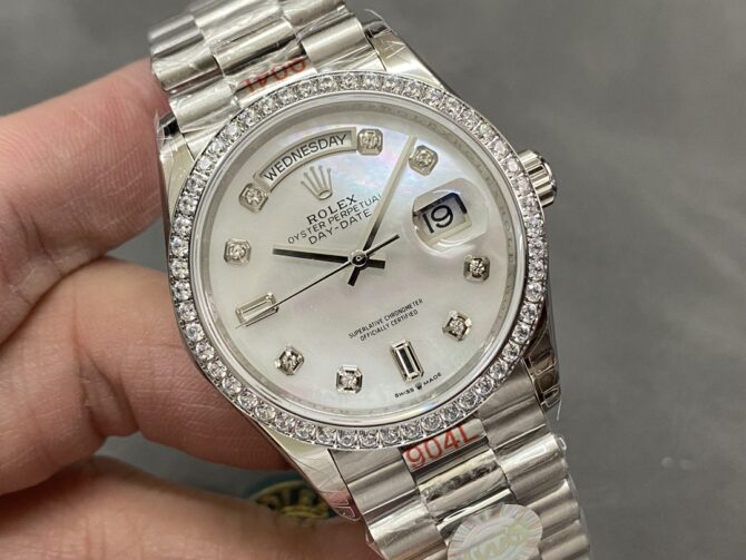 Replica Rolex Day-Date 128349RBR White Mother of Pearl Dial Diamond Bezel 36MM Lady Watch