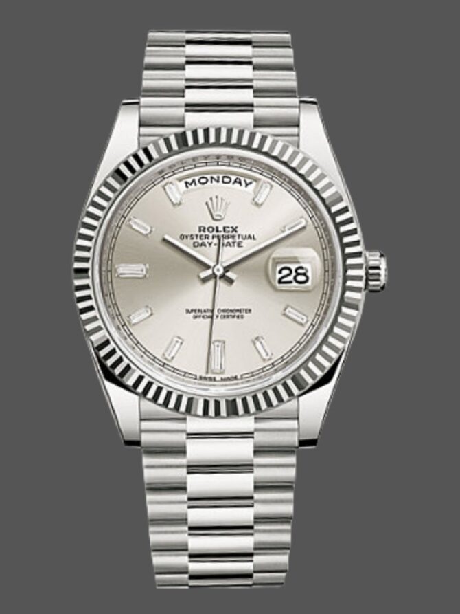 Replica Rolex Day-Date 228239 Silver Baguette Diamond Dial Fluted Bezel 40mm Mens Watch