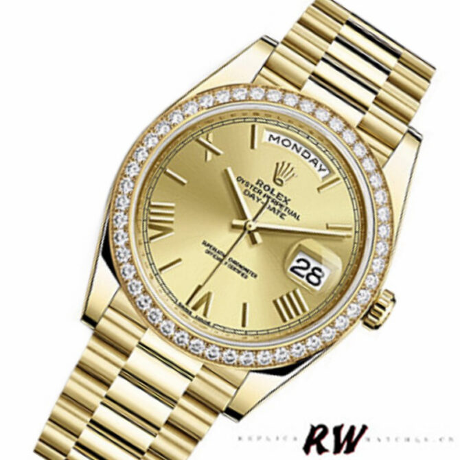 Replica Rolex Day-Date 228348RBR Champagne Roman Dial Diamond Bezel 40mm Mens Watch