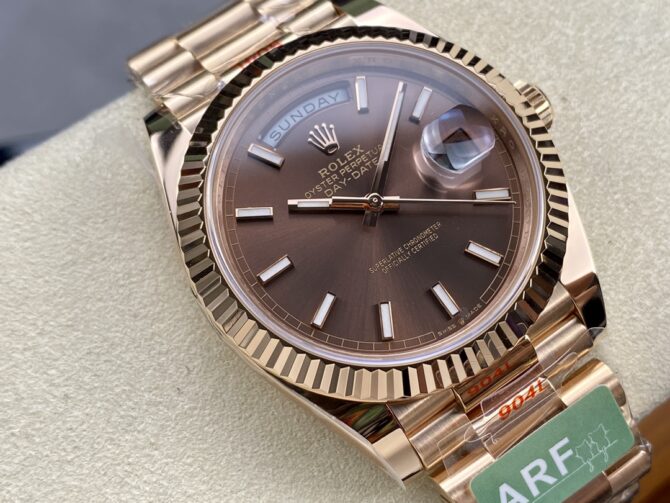 Replica Rolex Day-Date 228235 Chocolate Brown Dial Fluted Bezel 40mm Mens Watch