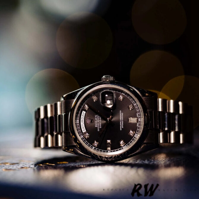 Replica Rolex Day-Date 118209 Black dial white gold 36mm Unisex Watch