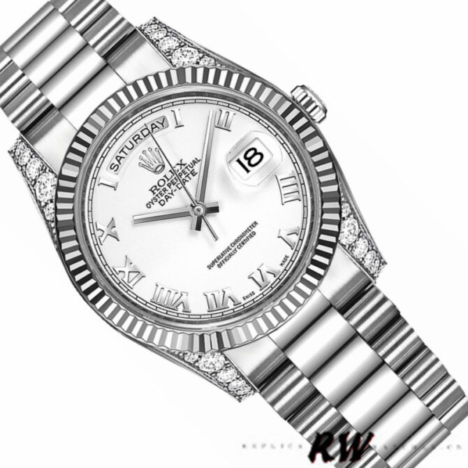 Replica Rolex Day Date 118339 White Dial Fluted Bezel 36mm Unisex Watch