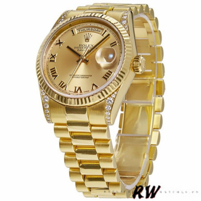 Replica Rolex Day-Date 118338 Champagne Roman Dial Diamond Bezel 36MM Unisex Watch
