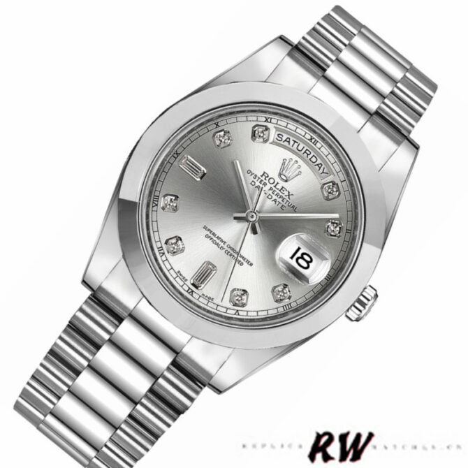 Replica Rolex Day-Date 218206 Silver Diamond Dial Platinum 41MM Mens Watch