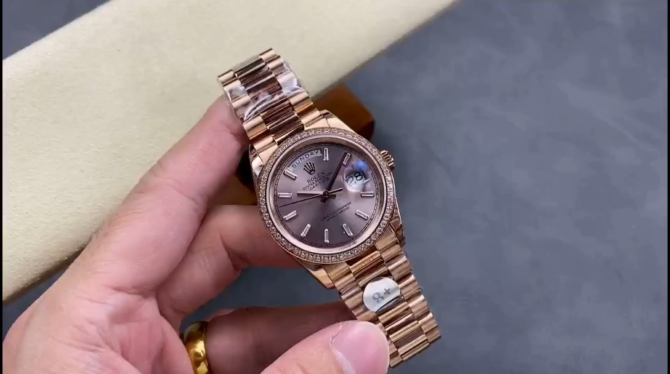 Replica Rolex Day-Date 228345RBR 0007 Sundust Diamond Dial Diamond Bezel 40mm Mens Watch