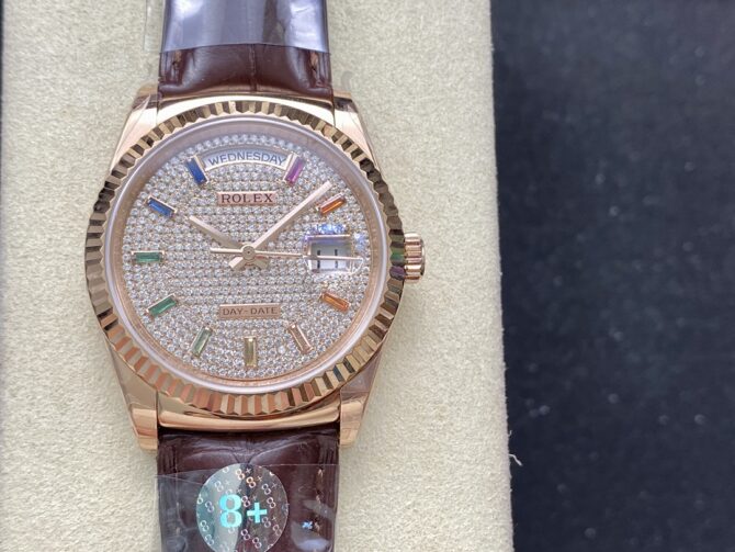 Replica Rolex Day Date 36 Diamond Paved Dial Fluted Bezel 18K Everose gold 128235 0039 President Watch