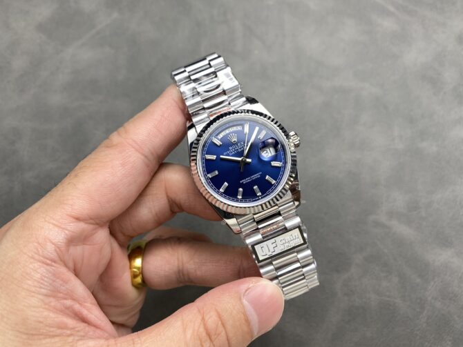 Replica Rolex Day Date 36 36mm Bright Blue Diamond-Set Dial Fluted Bezel Presi m128236 0023