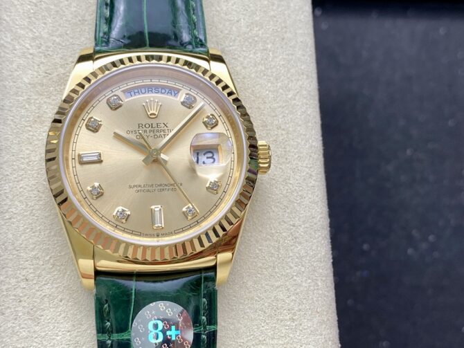 Replica Rolex Day Date 36 Yellow Gold Champagne Dial 118138 0148 Green Leather Strap