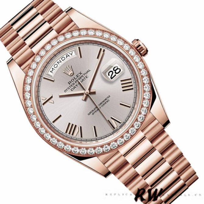 Replica Rolex Day-Date 228239 Diamond Paved Dial Fluted Bezel 40mm Mens Watch