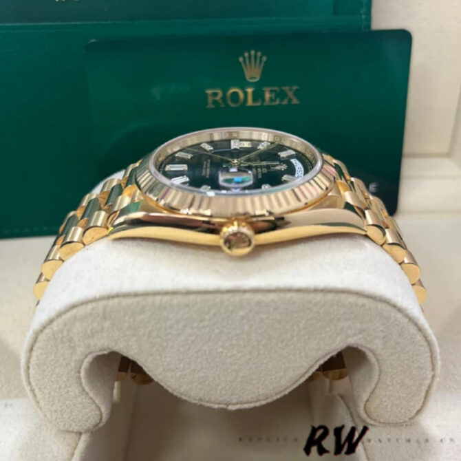 Replica Rolex Day-Date 228238 Black Diamond Dial Fluted Bezel 40mm Mens Watch