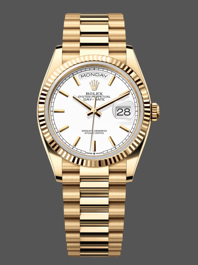 Replica Rolex Day-Date 36MM 128238 0081 Fluted Bezel White Index Dial Unisex Watch
