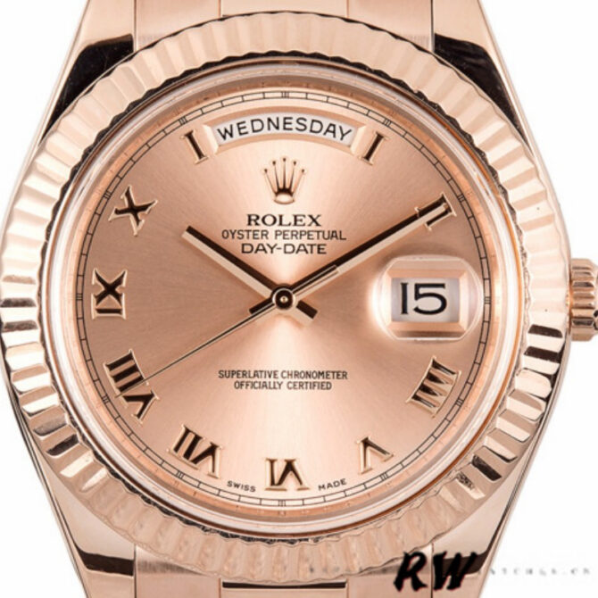 Replica Rolex Day-Date 218235 Pink Roman Numerals Dial Rose Gold 41MM Mens Watch
