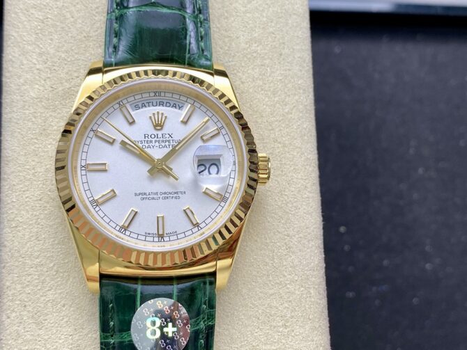 Replica Rolex Day Date 36 White Dial 118135 0123 Green Leather Watch