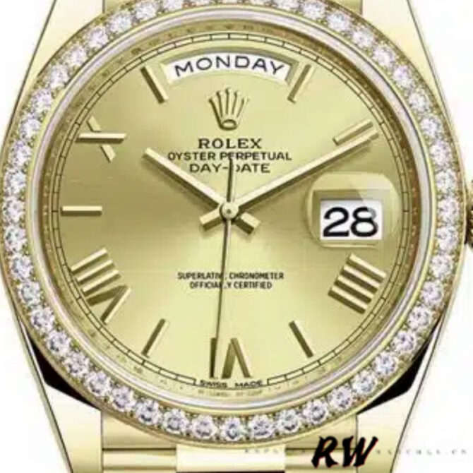 Replica Rolex Day-Date 228348RBR Champagne Roman Dial Diamond Bezel 40mm Mens Watch