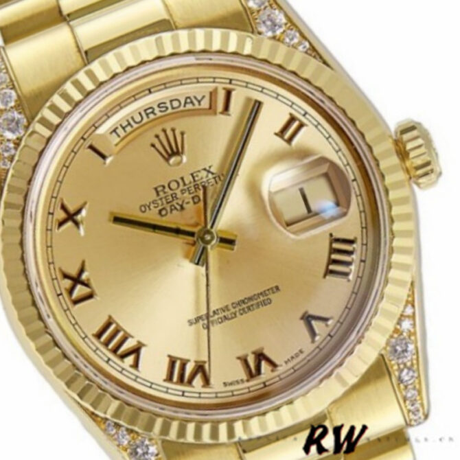 Replica Rolex Day-Date 118338 Champagne Roman Dial Diamond Bezel 36MM Unisex Watch