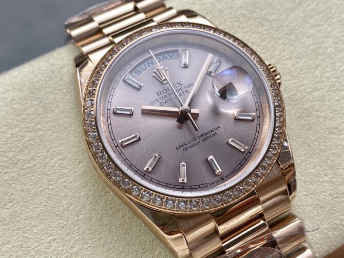 Replica Rolex Day-Date 228345RBR 0007 Sundust Diamond Dial Diamond Bezel 40mm Mens Watch