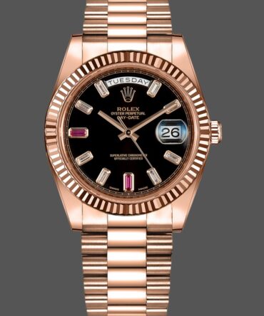 Replica Rolex Day-Date 218235 Diamonds and Rubies Black Dial Rose Gold 41MM Mens Watch