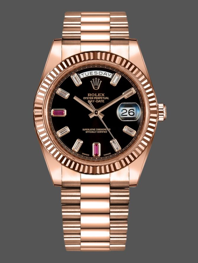 Replica Rolex Day-Date 218235 Diamonds and Rubies Black Dial Rose Gold 41MM Mens Watch