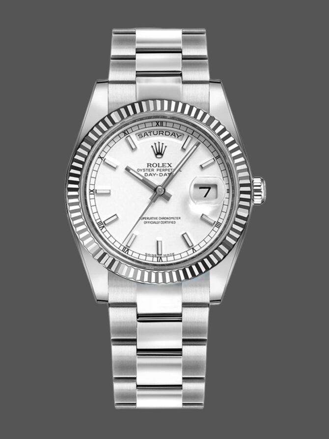 Replica Rolex Day-Date 118239 White Gold White Roman Numeral Dial 36mm Unisex Watch