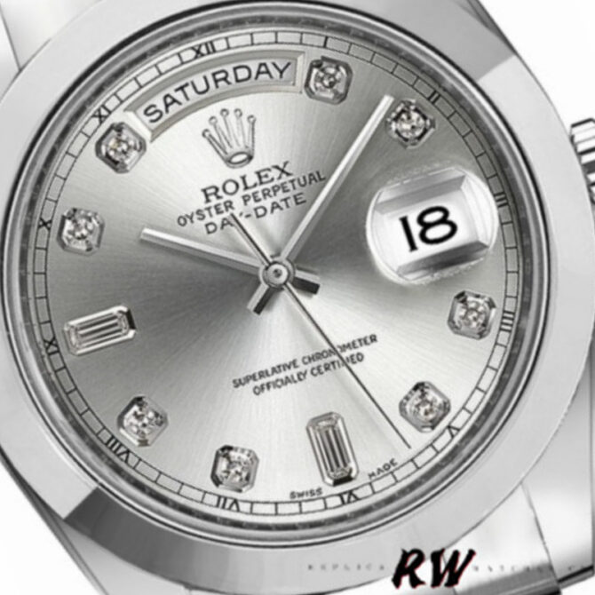 Replica Rolex Day-Date 218206 Silver Diamond Dial Platinum 41MM Mens Watch