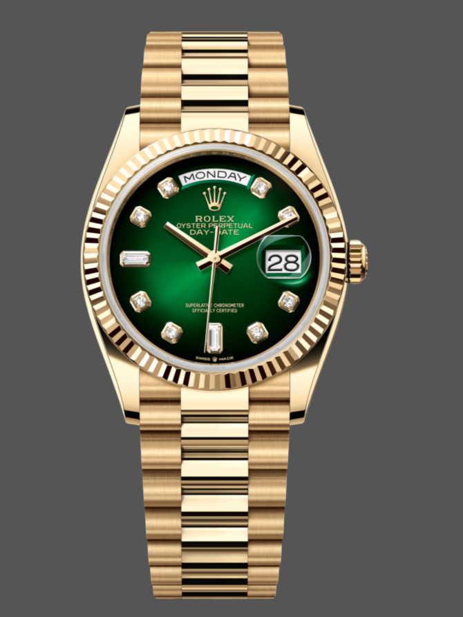 Replica Rolex Day-Date 128238 Fluted Bezel Green Diamond Dial 36MM Unisex Watch