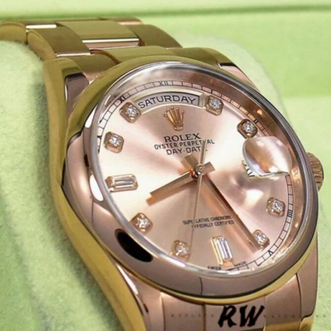 Replica Rolex Day-Date 118205 Rose Gold Pink Diamond Dial 36mm Unisex Watch