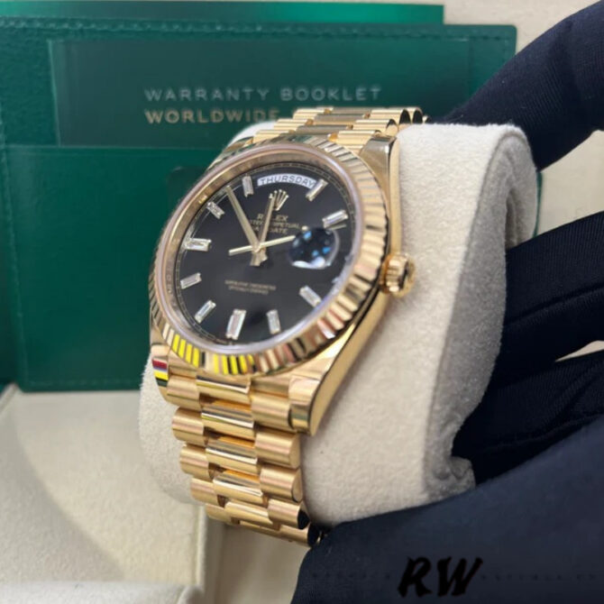 Replica Rolex Day-Date 228238 Black Diamond Dial Fluted Bezel 40mm Mens Watch