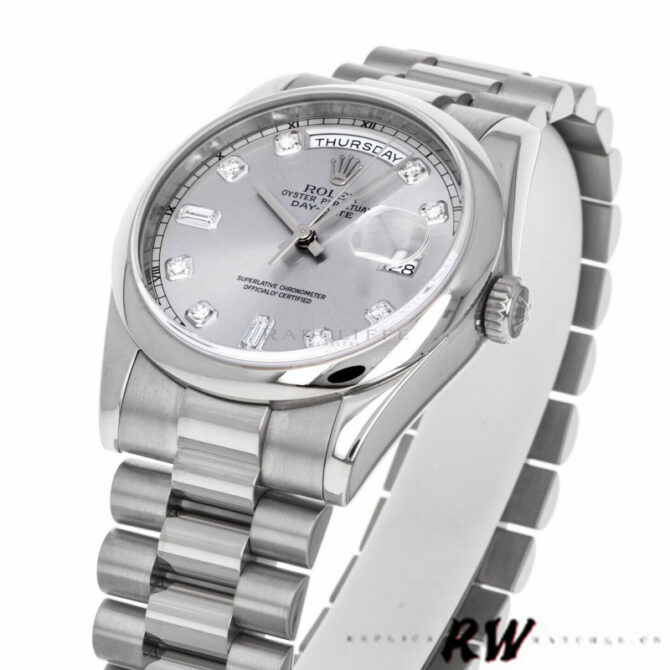Replica Rolex Day-Date 118209 White Gold Silver Diamond Dial Automatic 36mm Unisex Watch