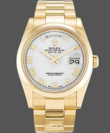 Replica Rolex Day-Date 118208 Yellow Gold White Dial Roman Numeral 36mm Unisex Watch